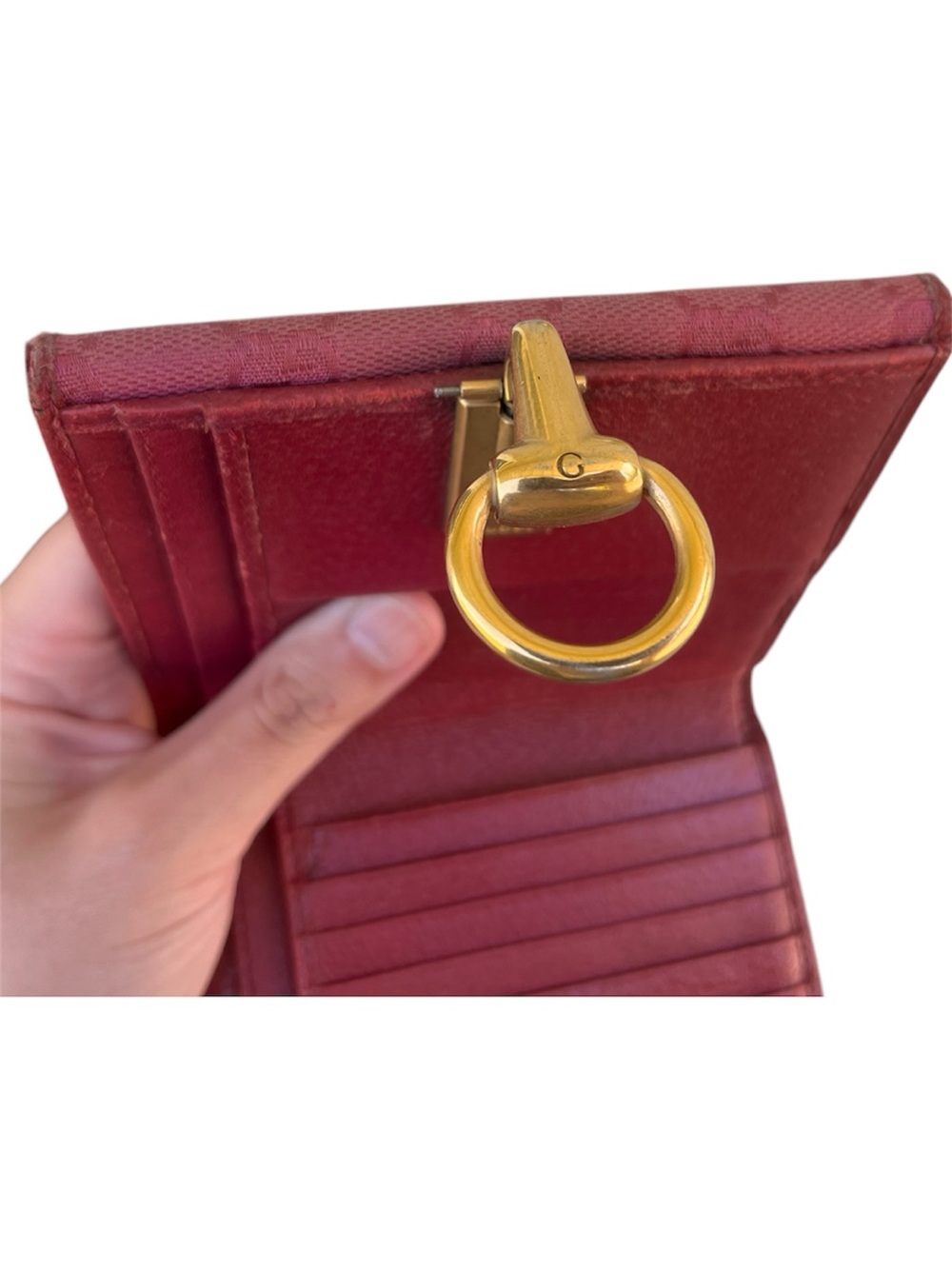 Gucci Vintage GG Canvas Horsebit Ring Trifold Wallet Burgundy Red - Picture 4 of 11